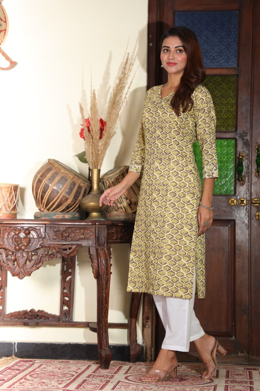 Mustard Yellow Hand-Block Style Cotton Kurta – Graceful Everyday Ethnic Wear