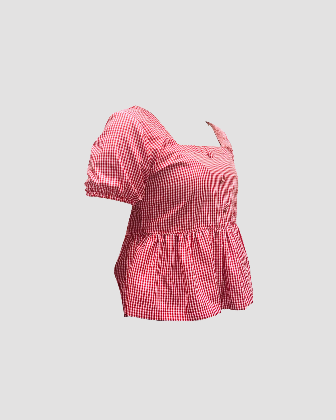 Red & White Gingham Peplum Top – Puff Sleeve Ruffle Hem Cotton Blouse