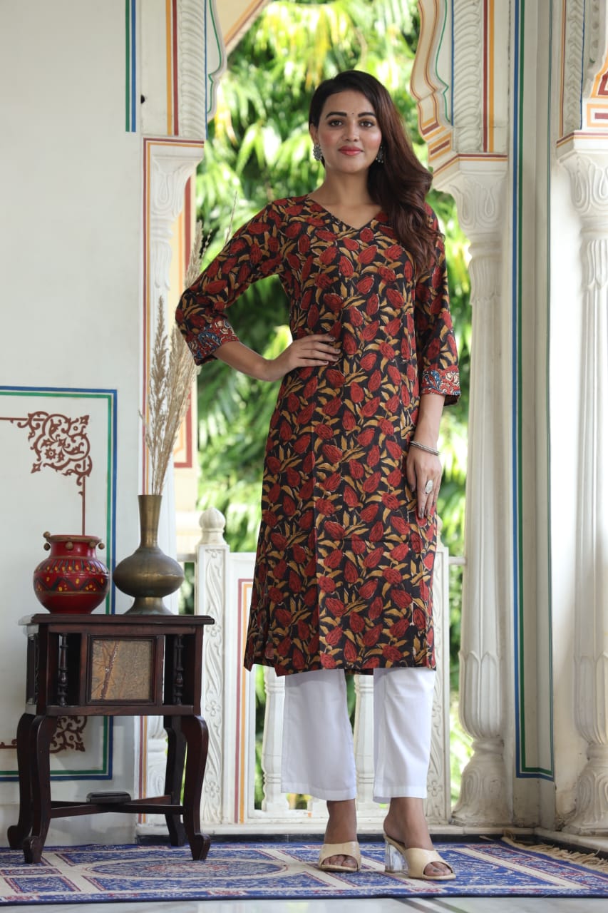 Autumn Leaf Printed Black Cotton Kurta – Elegant V-Neck Straight Fit for Women