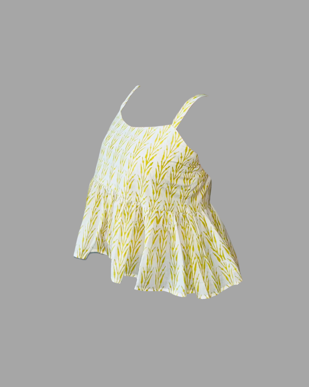 Women White Cotton Peplum Top with Green Leaf Print