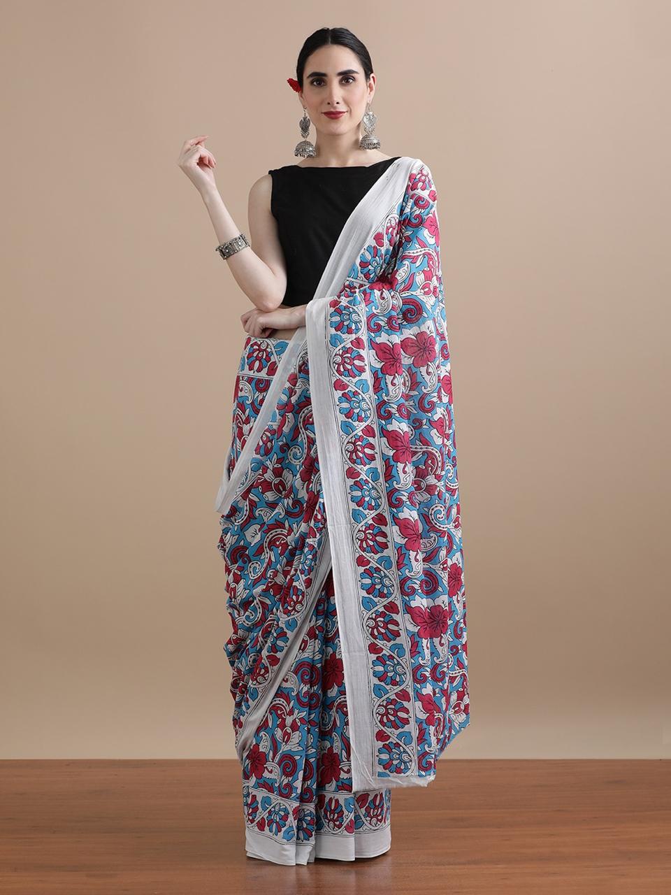 Handblock Printed White Base Floral Mul Cotton Saree