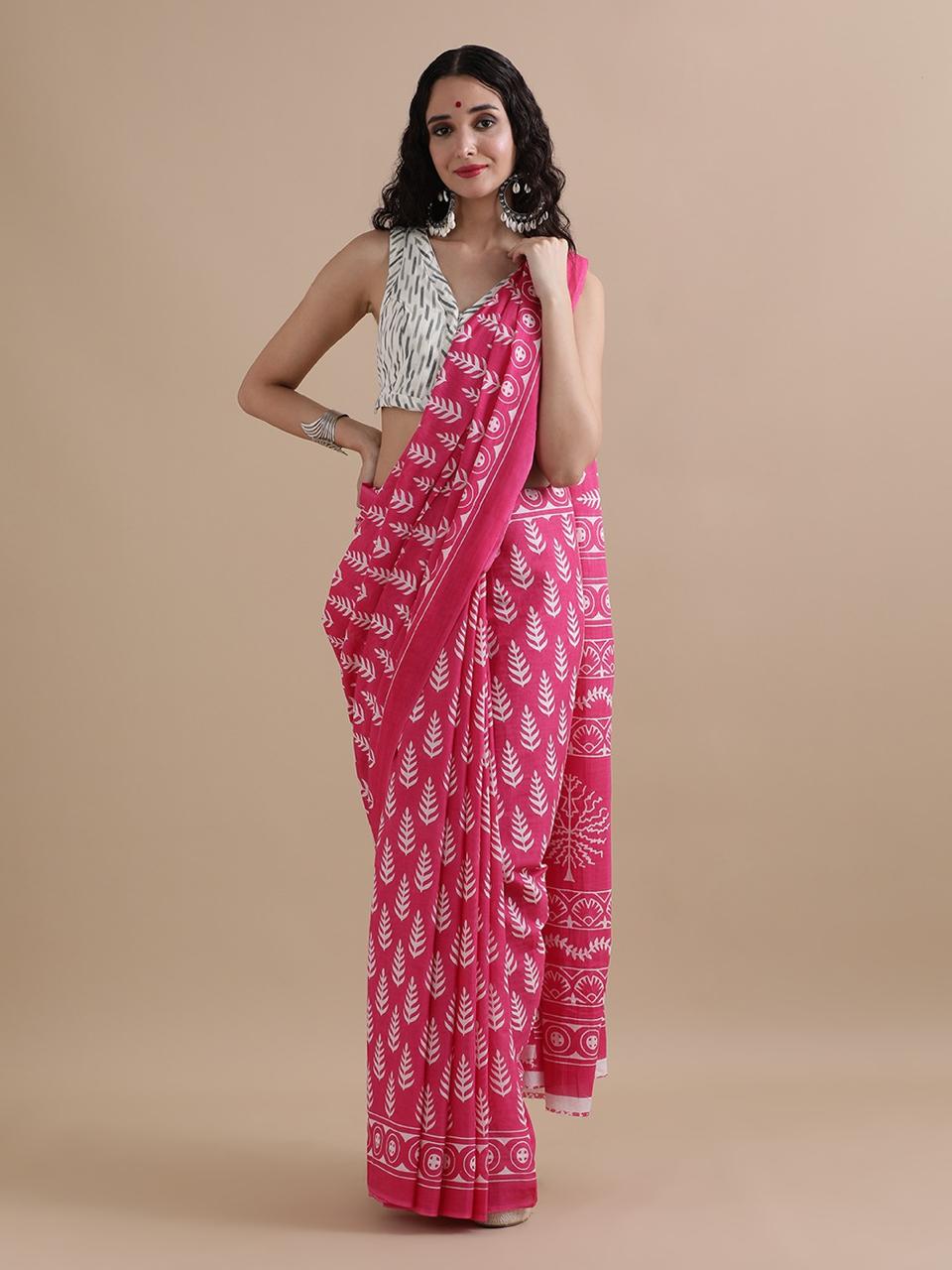 Pink Leaf Motif Mul Cotton Saree
