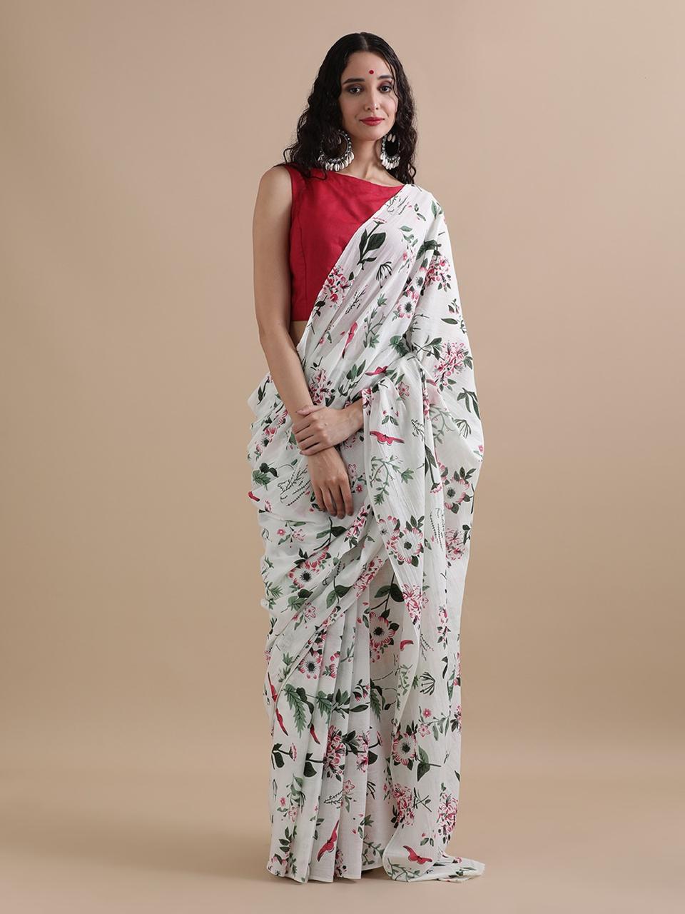 White Handblock Floral Print Pure Cotton Saree