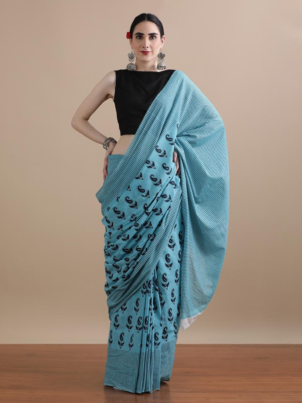 Blue Striped Paisley Pure Cotton Saree
