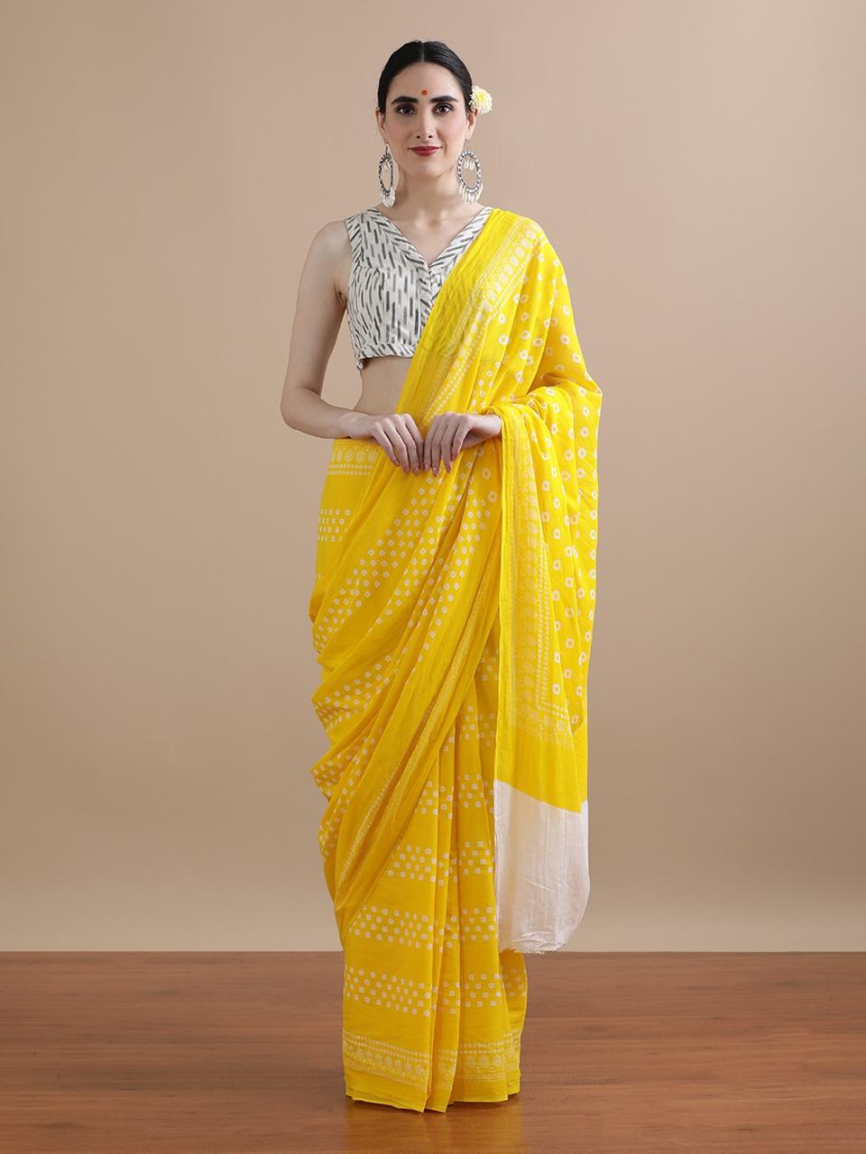 Yellow Bandhani Pure Cotton Saree
