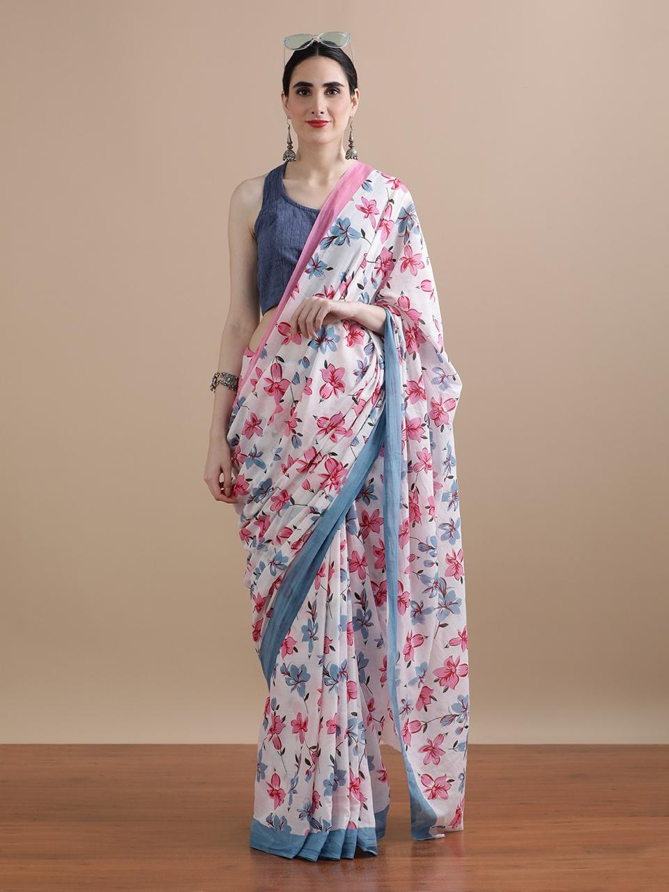 White & Blue Floral Print Pure Cotton Saree