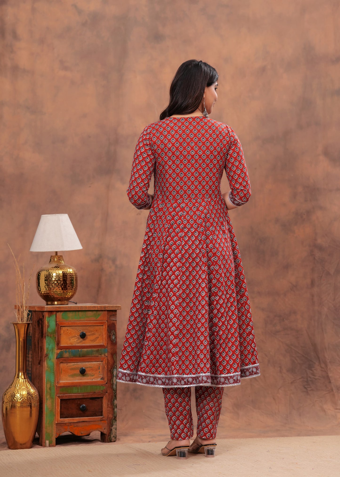 Red Bagru Hand Block Printed Cotton Anarkali Kurti Set with Dupatta