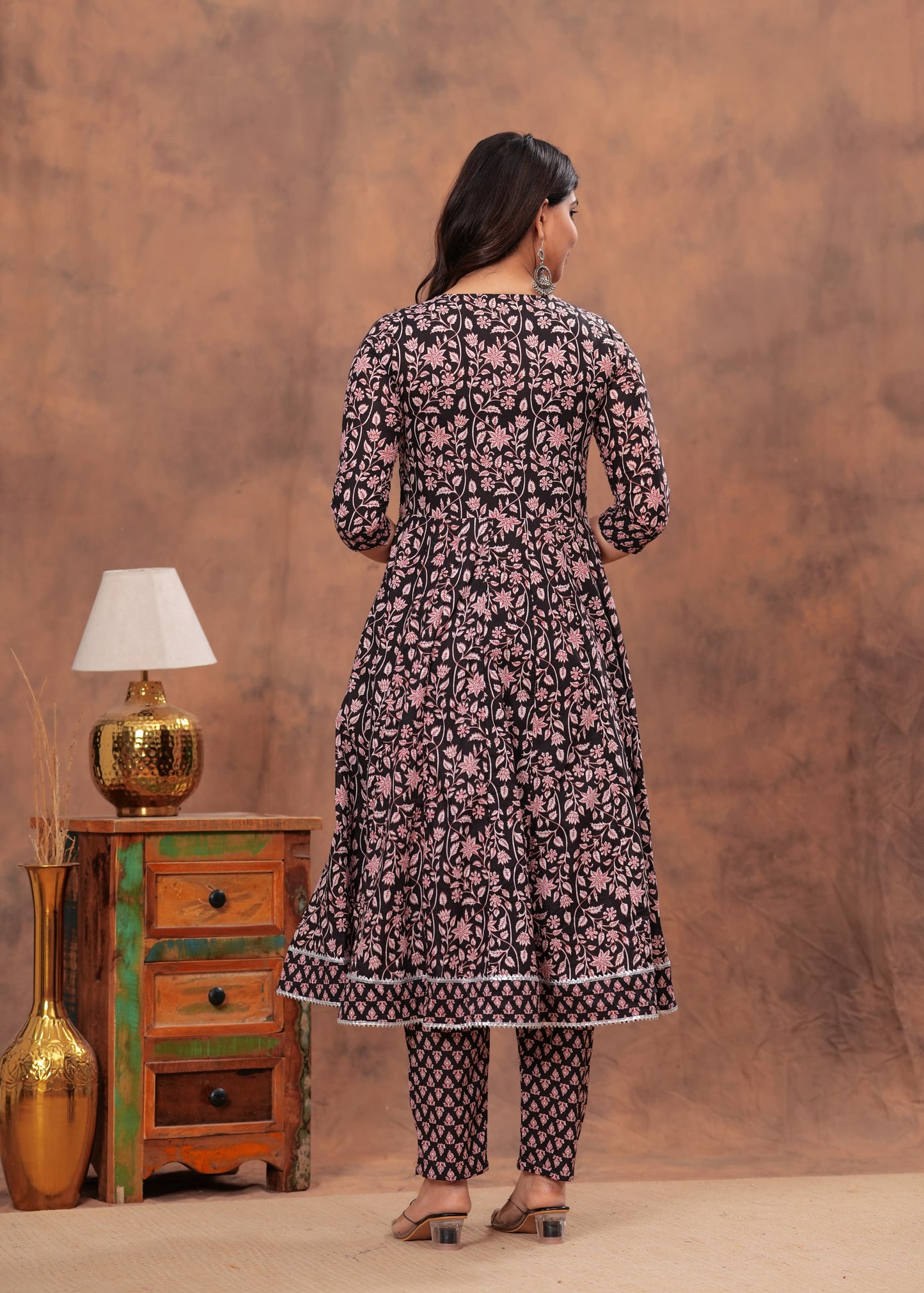 Black Floral Hand Block Printed Cotton Anarkali Suit Set with Dupatta