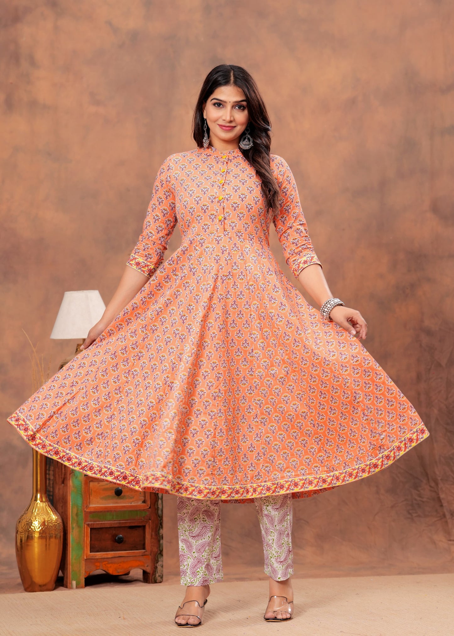 Peach Floral Cotton Anarkali Suit Set with Striped Dupatta