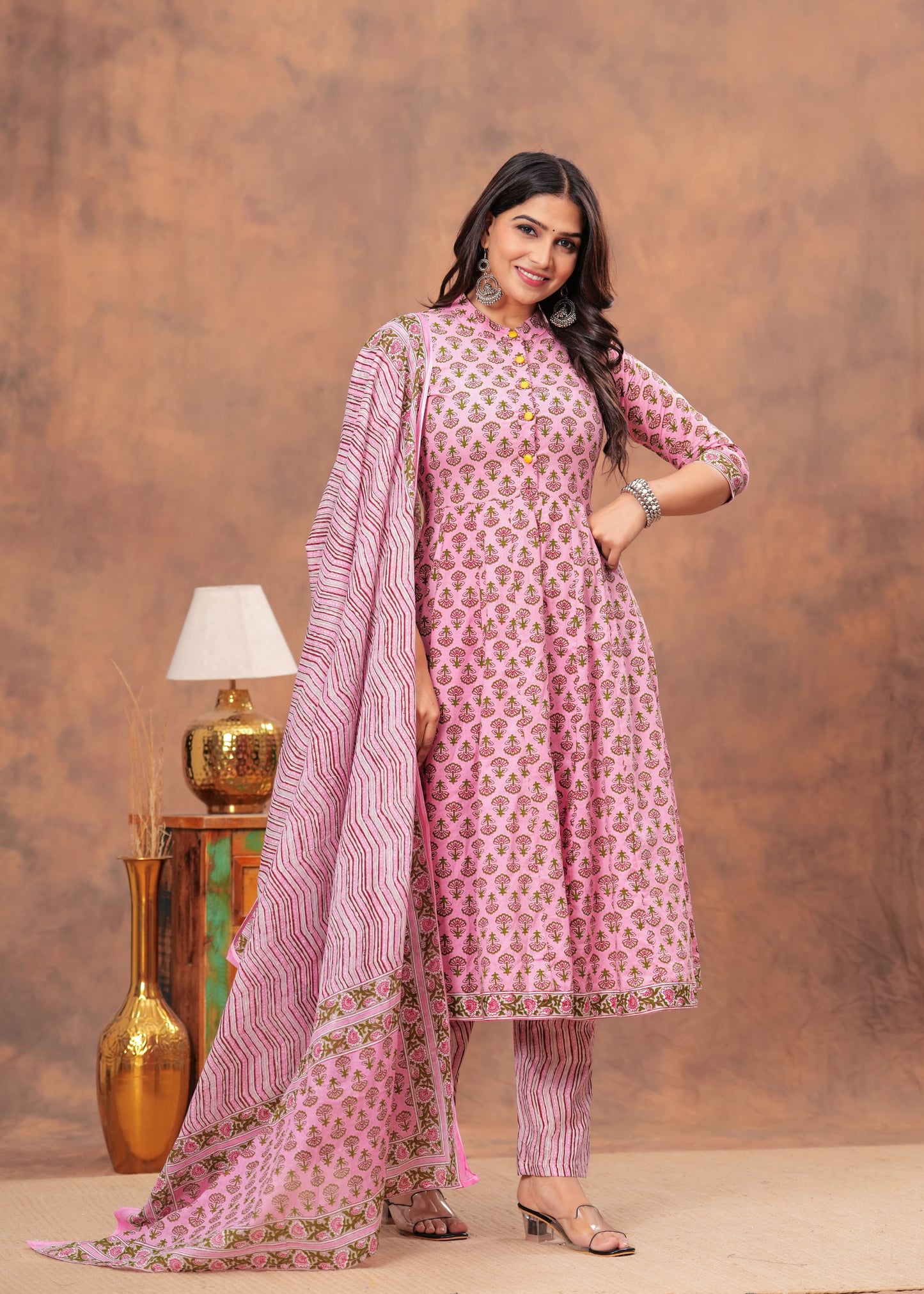 Pink Cotton Anarkali Kurti Pant Set with Olive Green Dupatta