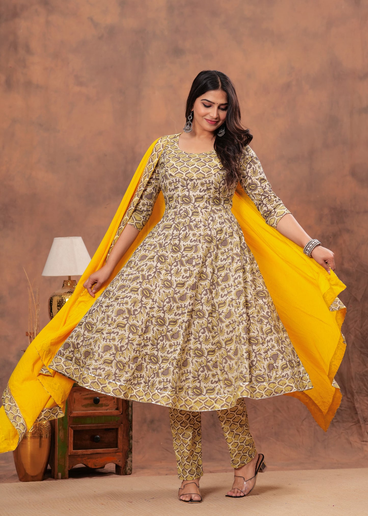 Cream Yellow Bagru Printed Cotton Anarkali Suit with Bright Yellow Dupatta
