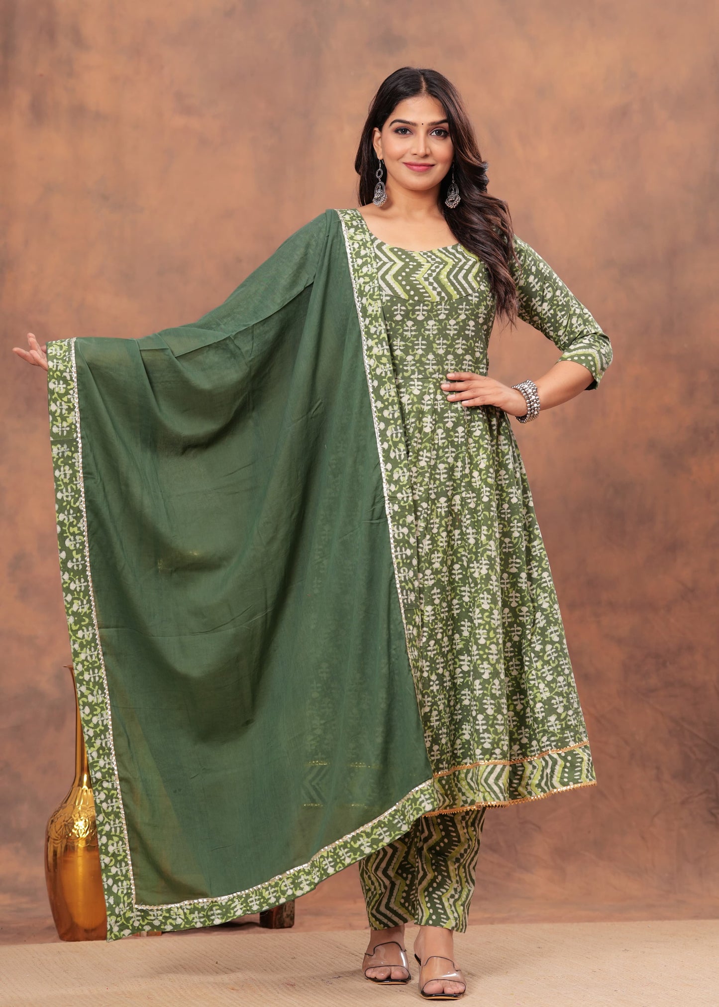Olive Green Cotton Anarkali Kurti Set with Chevron & Floral Print
