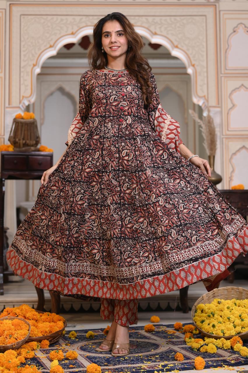 Rust & Black Handblock Anarkali Set with Dupatta