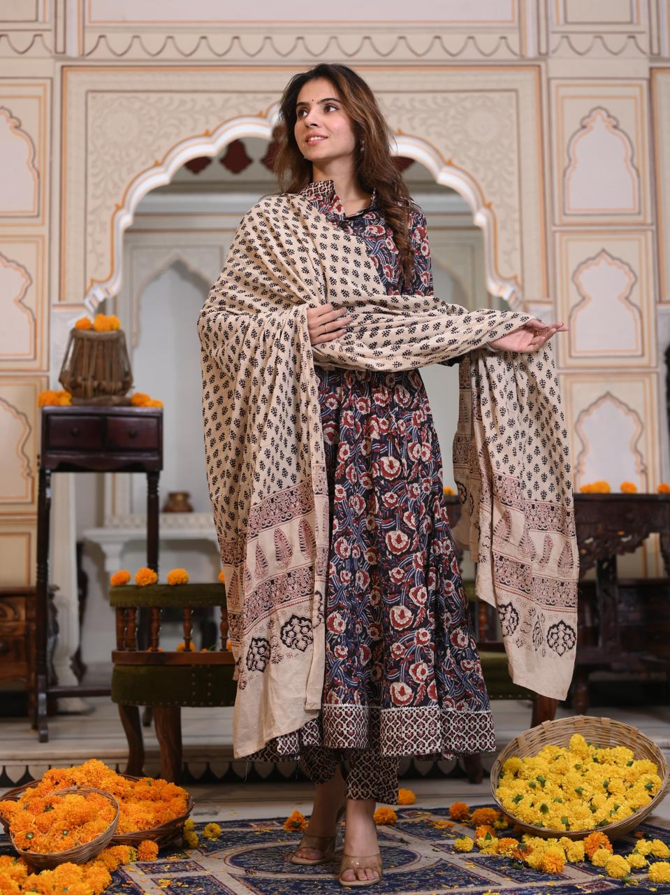 Navy & Beige Floral Handblock Anarkali Set