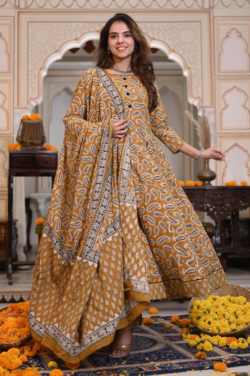 Mustard Paisley Handblock Anarkali Set