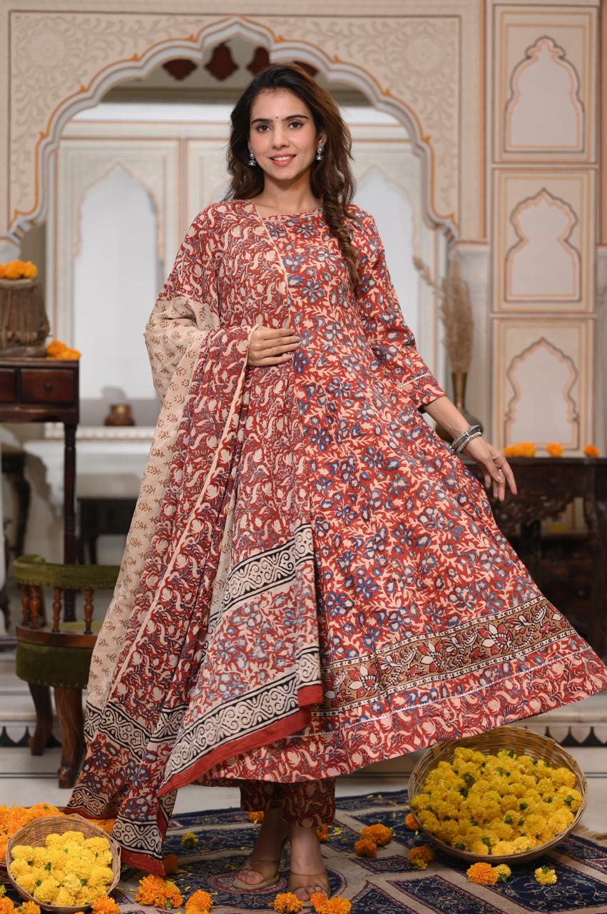 Red & Beige Floral Handblock Anarkali Set