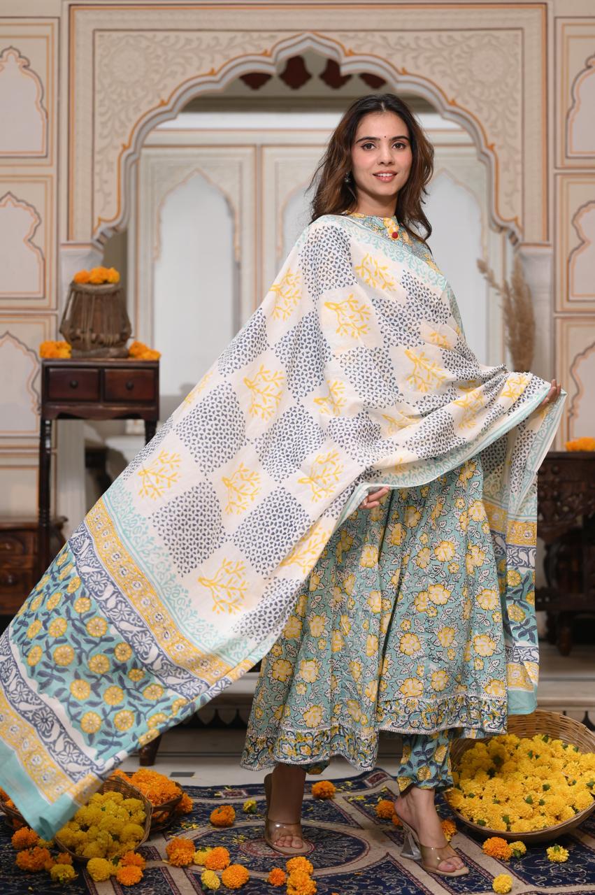 Sky Blue & Yellow Floral Block Print Anarkali Kurta Set