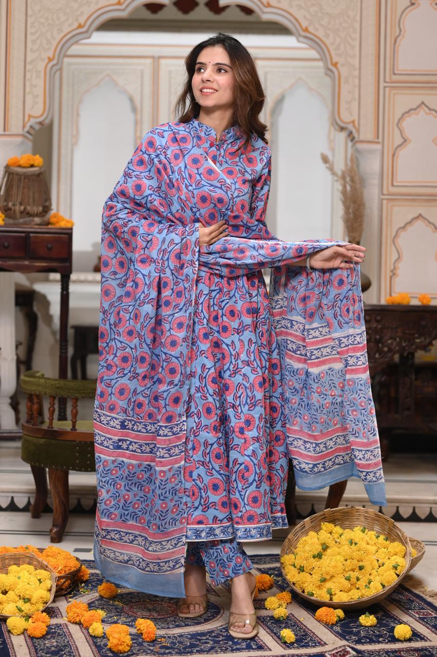 Powder Blue & Pink Floral Block Print Anarkali Kurta Set