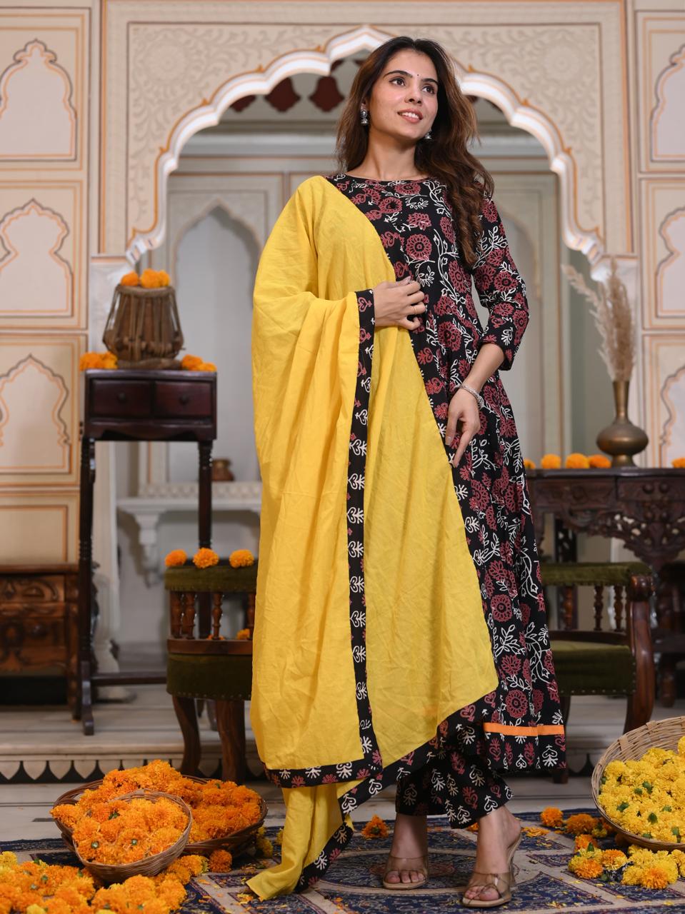 Black & Red Floral Block Print Anarkali Kurta Set with Yellow Dupatta