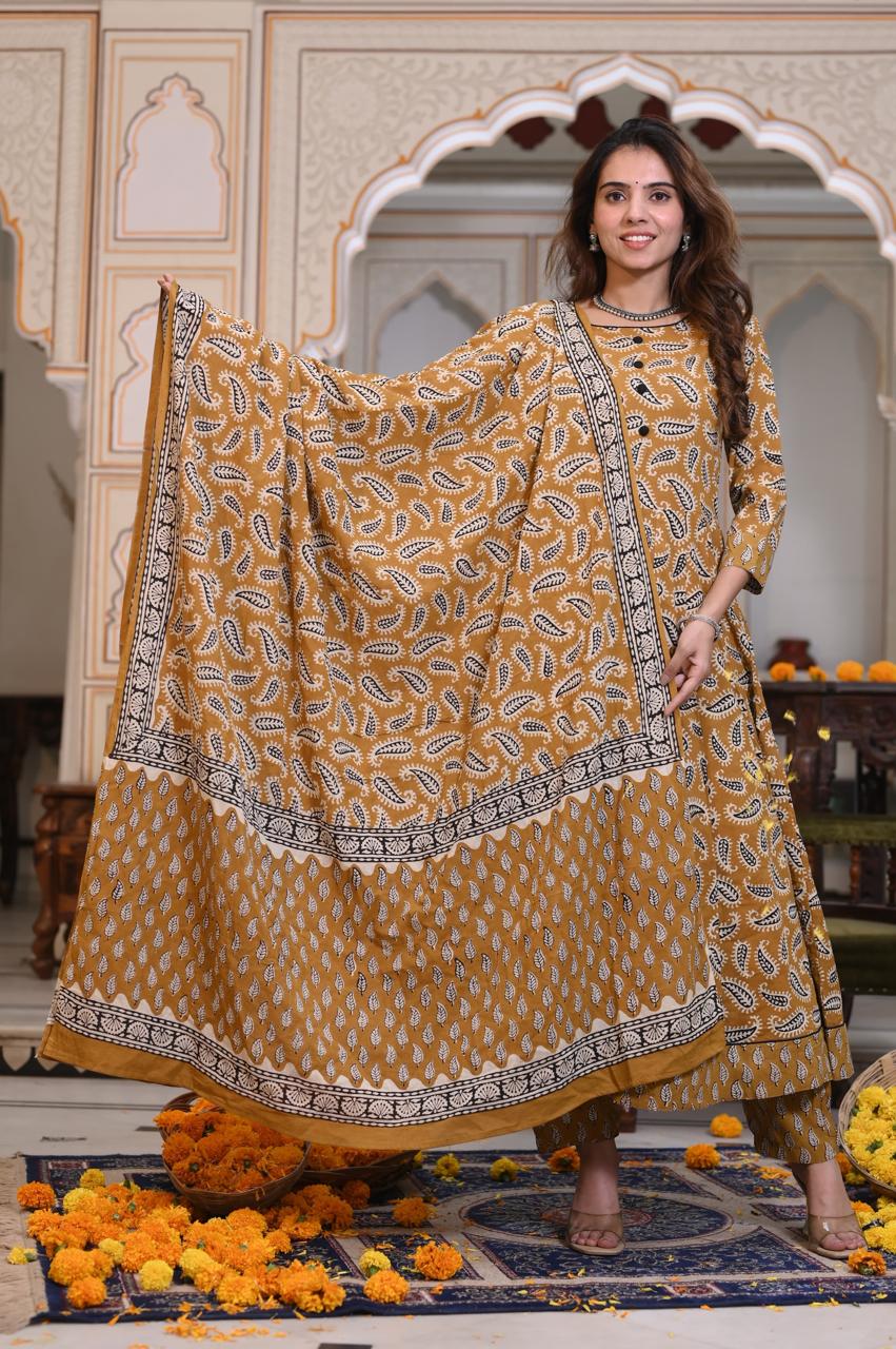 Mustard Paisley Handblock Anarkali Set