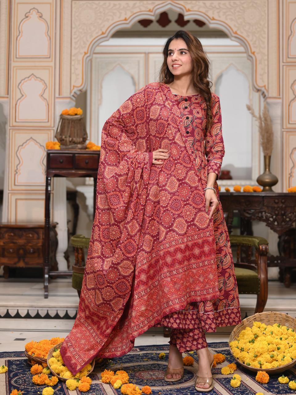 Maroon & Red Paisley Block Print Anarkali Kurta Set