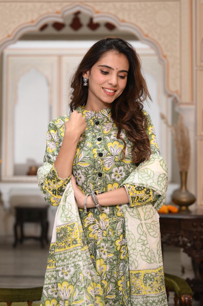 Green & Yellow Floral Handblock Anarkali Set
