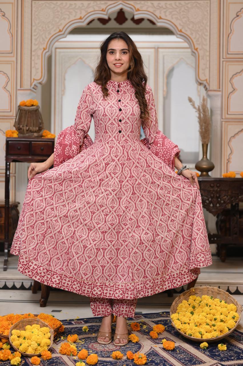 Soft Pink & White Geometric Block Print Anarkali Kurta Set