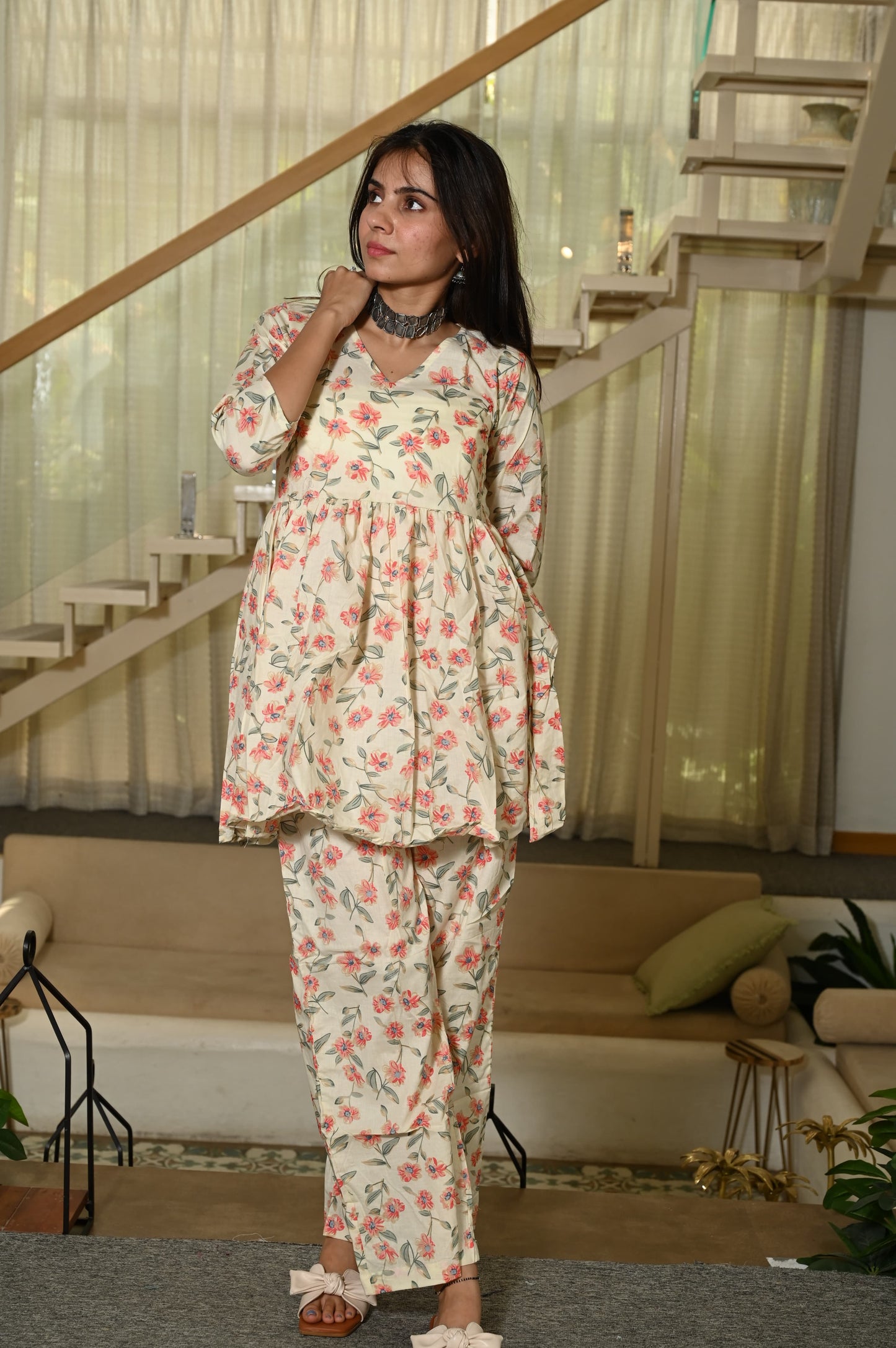 Off-White Floral Cotton Kurti Pant Set for Women