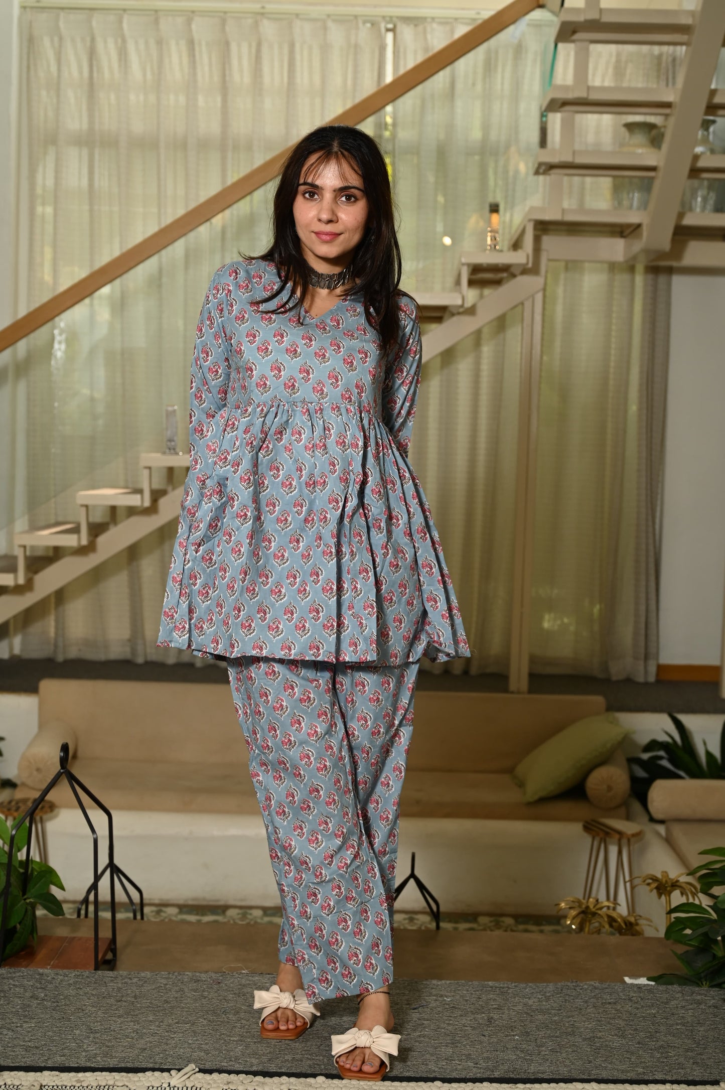 Sky Blue Floral Cotton Kurti Pant Set for Women