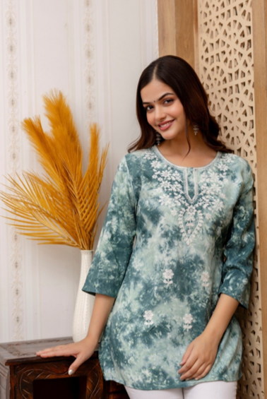 Women's Green Rayon Embroidered Top – Tie-Dye Effect, Floral Neck Design