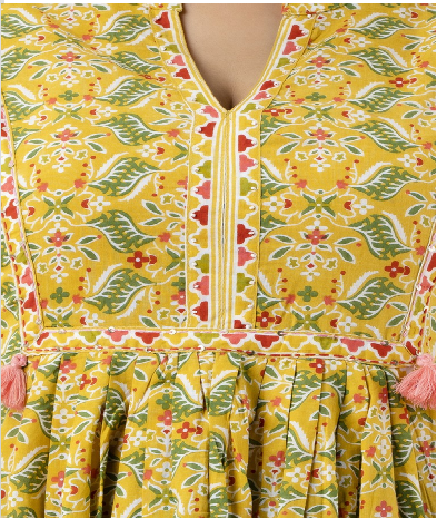 Women's Yellow Pure Cotton Printed Peplum Top with Handwork