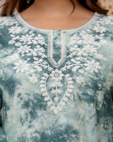 Women's Green Rayon Embroidered Top – Tie-Dye Effect, Floral Neck Design