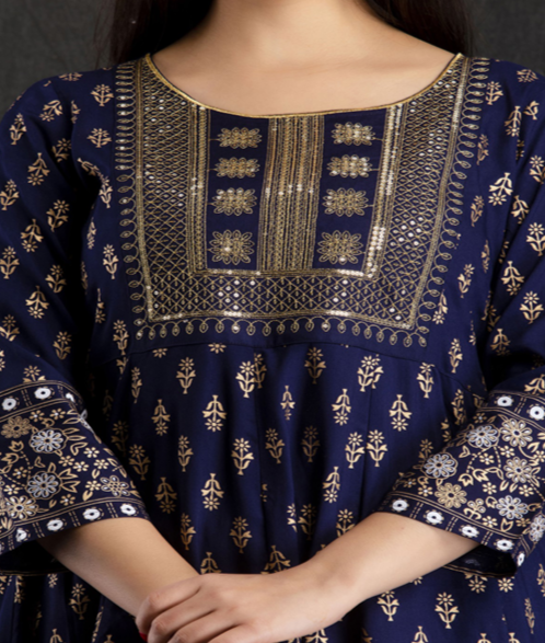 Dark Blue Rayon Embroidered Anarkali Kurta Set with Pant & Dupatta