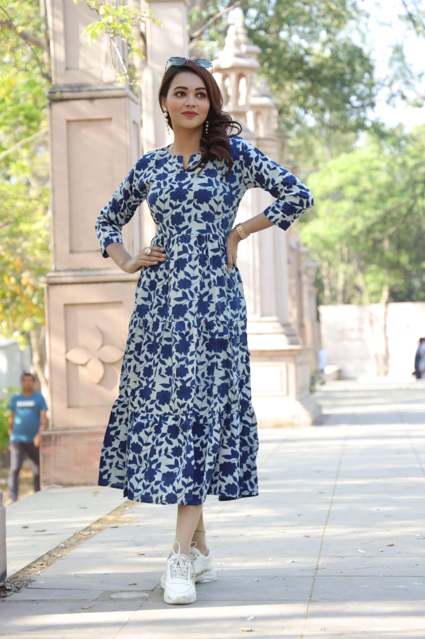 Floral Printed Blue Midi Dress