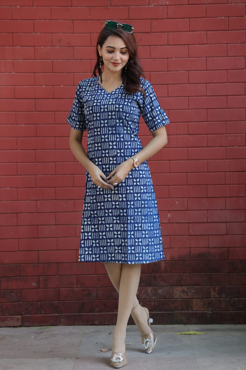 Indigo Handblock Printed Cotton Dress for Women