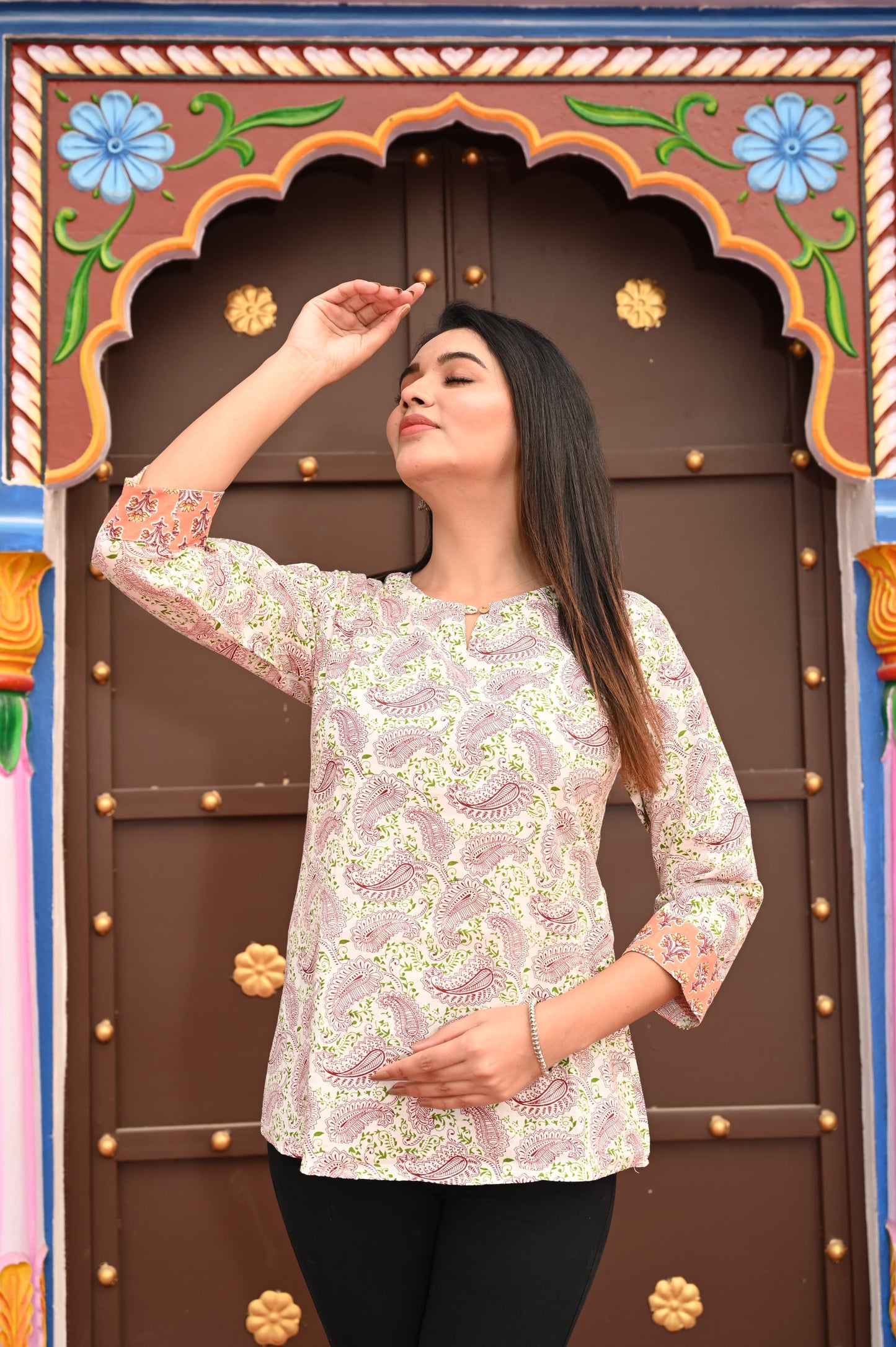 Off-White & Maroon Bagru Floral Cotton Kurti