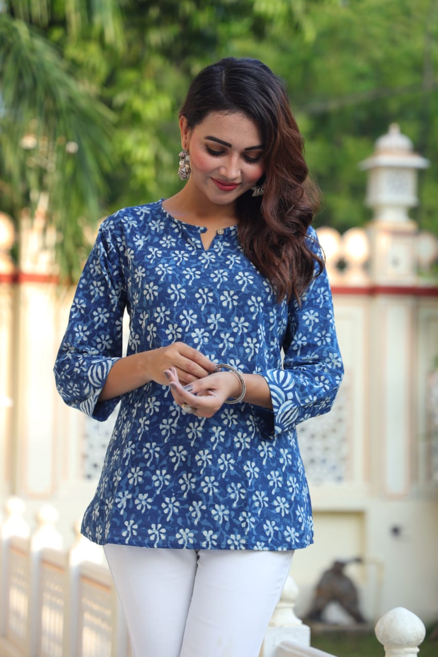Indigo Blue Floral Handblock Cotton Kurti