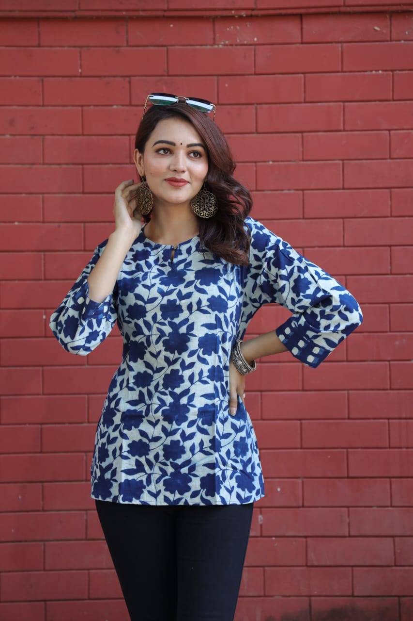 Blue Block Bagru Floral Print Kurti