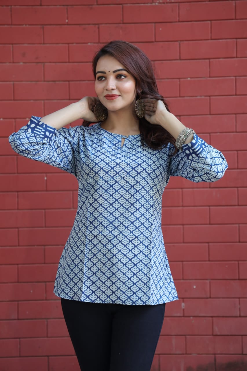 Blue and White Bagru Print Cotton Kurti – Subtle Luxury