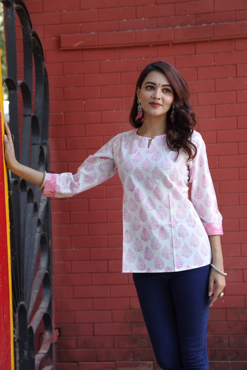 Pink Leaf Handblock Cotton Kurti