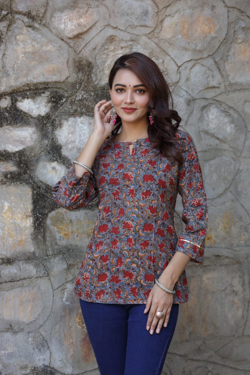 Grey & Rust Leaf Bagru Print Kurti – Geometric Grace in Pure Cotton
