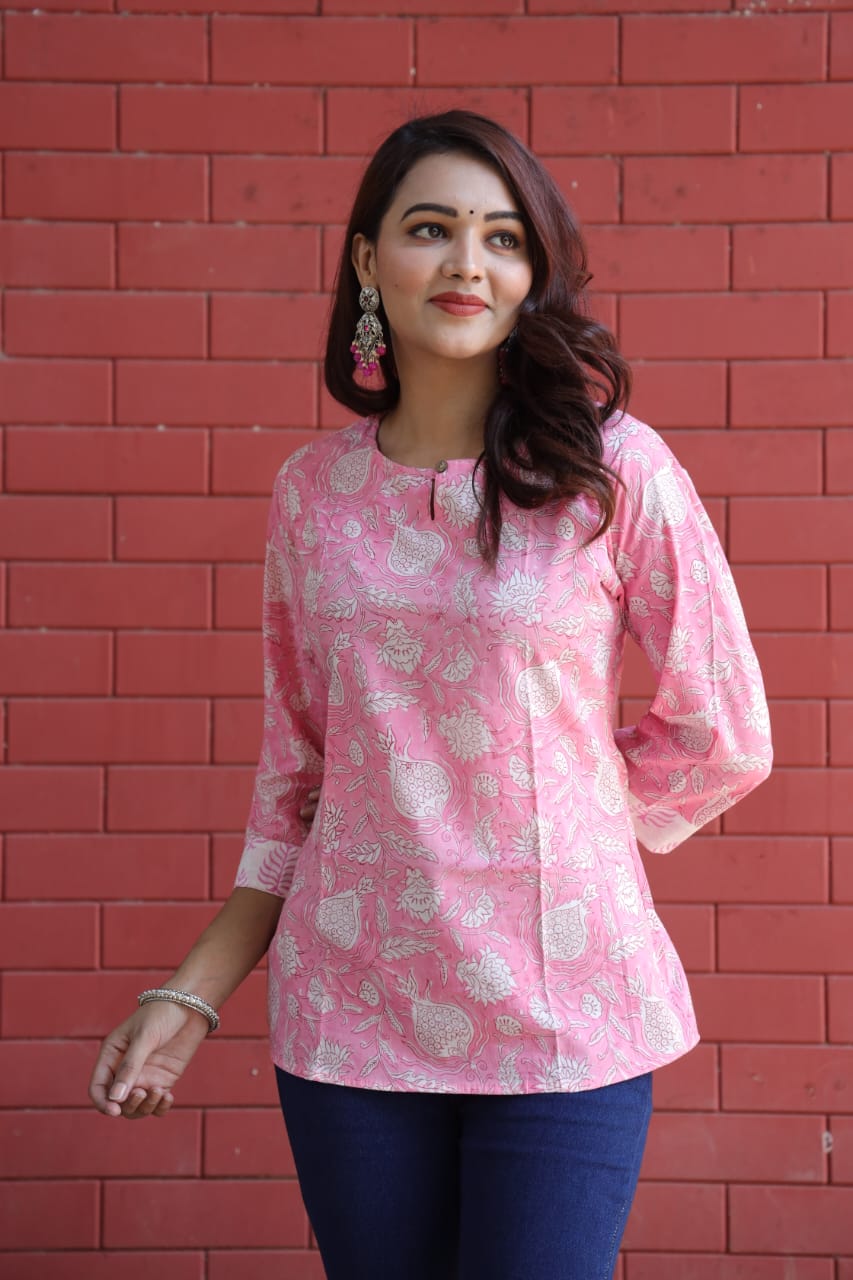 Pink Pomegranate Kurti - Handblock Bagru Print Tunic