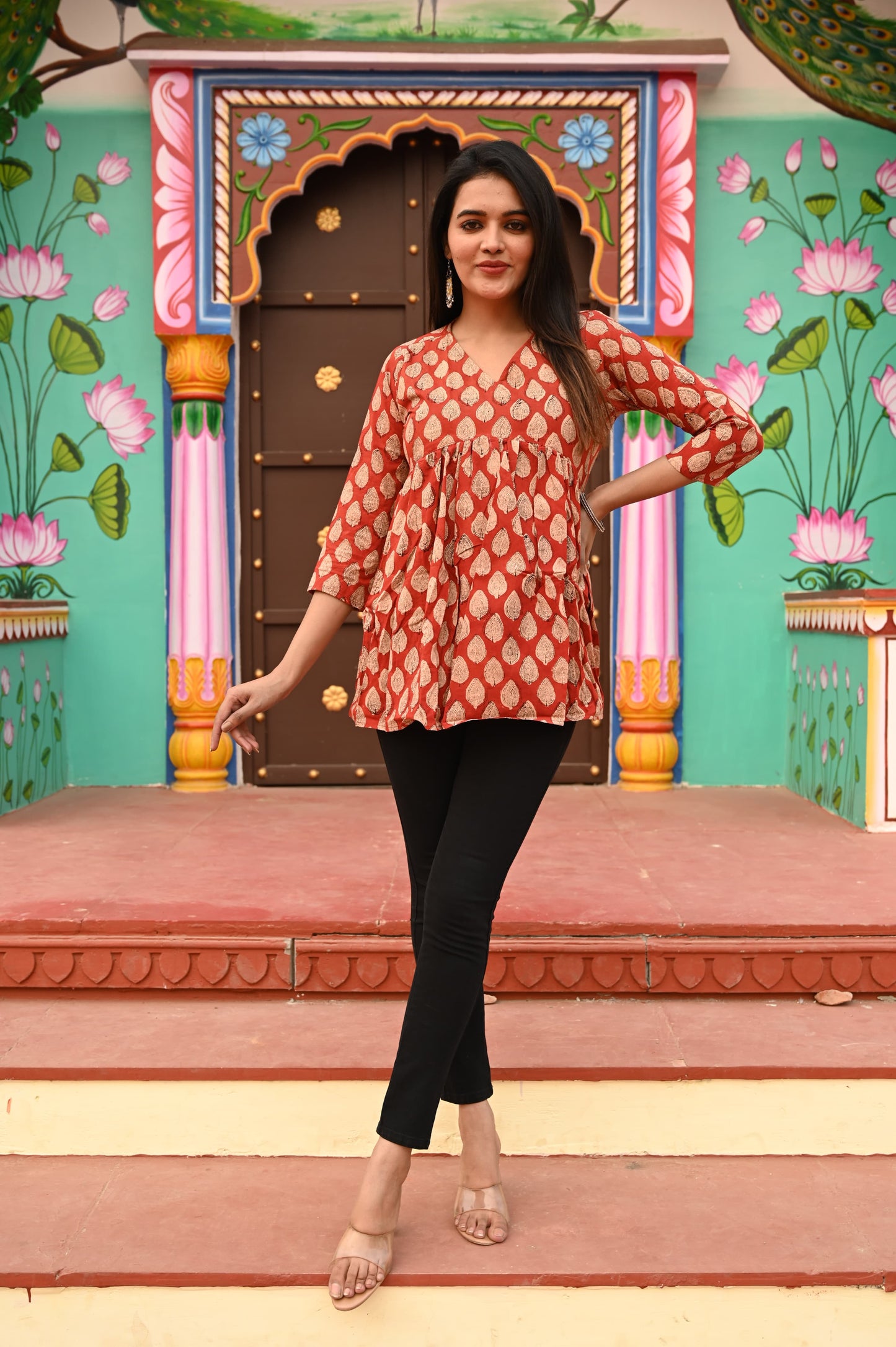 Handblock Cotton Peplum Kurti – Red & Gold Leaf Motif