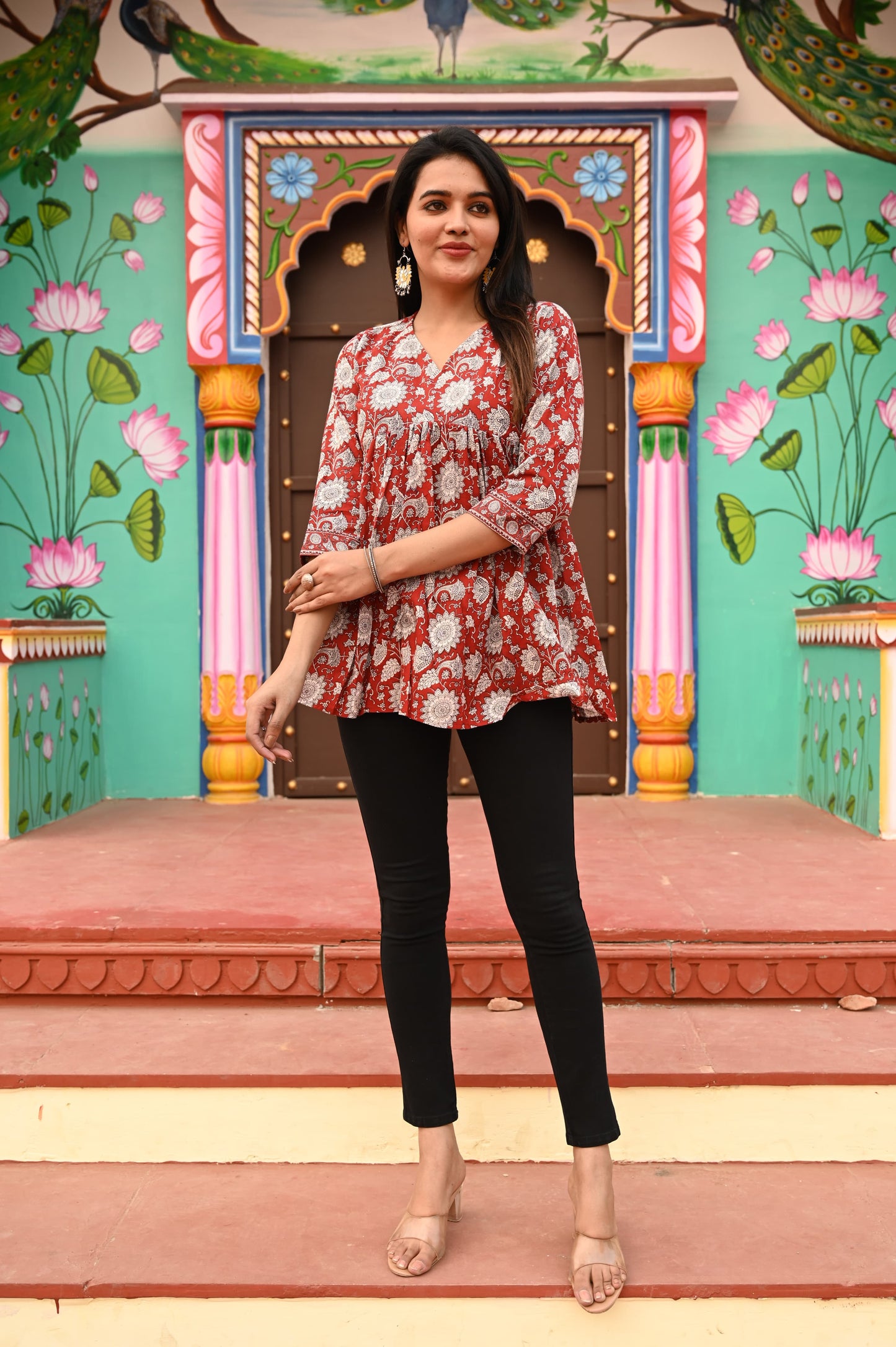 Floral Elegance – Red Handblock Cotton Peplum Kurti