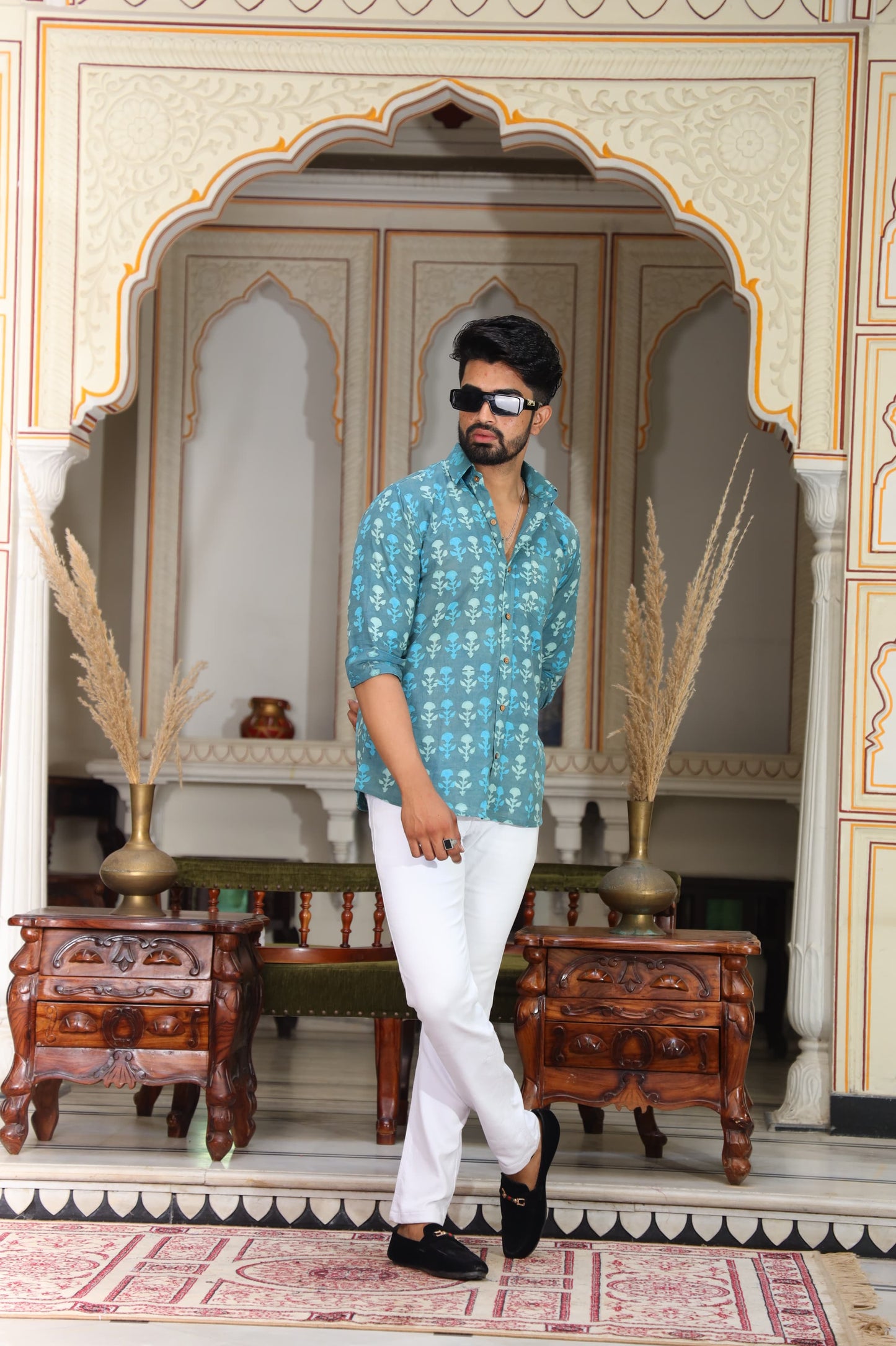 Teal Skull Motif Cotton Shirt for Men