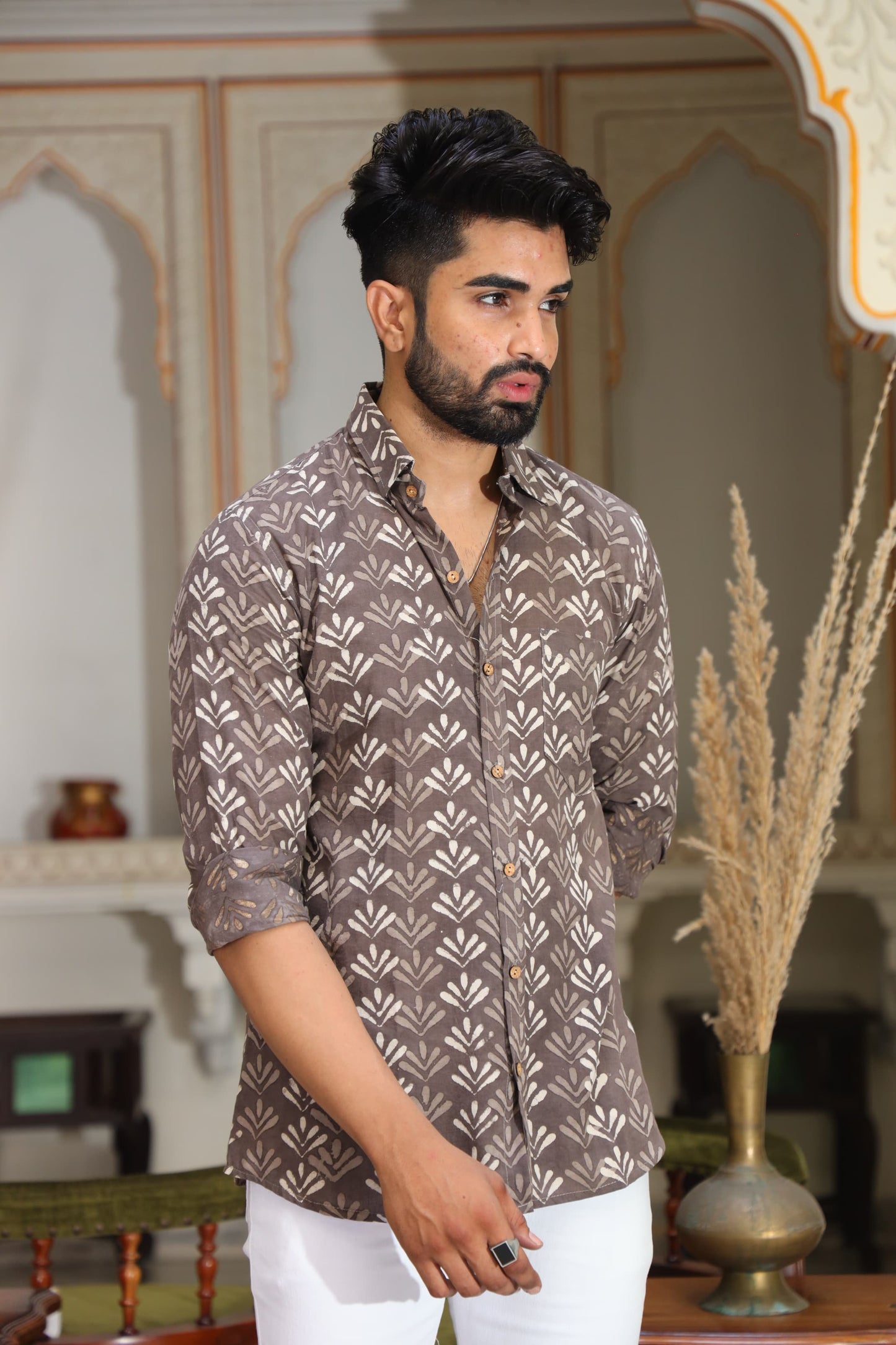 Mocha Brown Handblock Shirt for Men