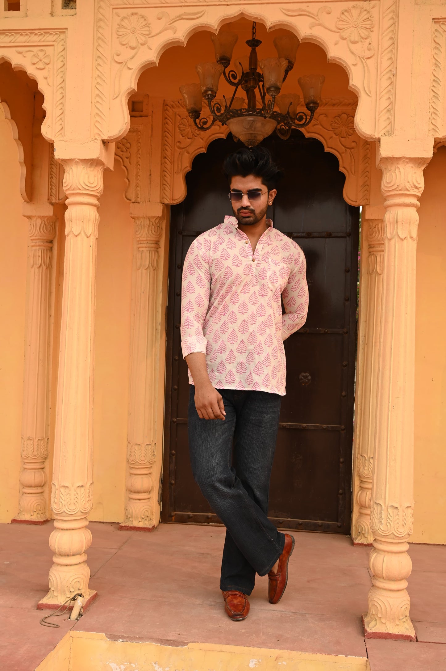 Pink Leaf Print Casual Cotton Shirt for Men
