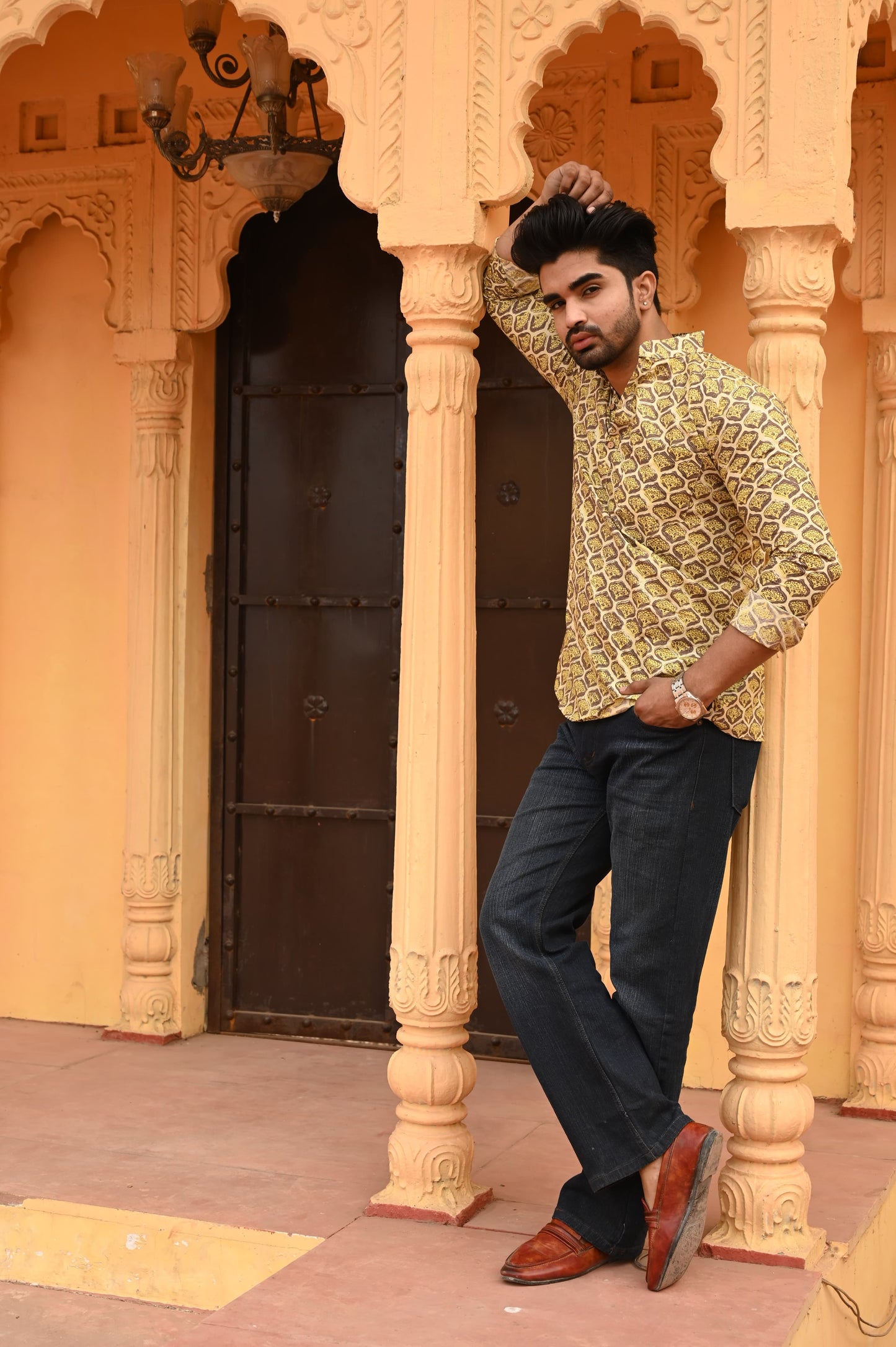 Mustard Block Printed Shirt with Mughal Motifs