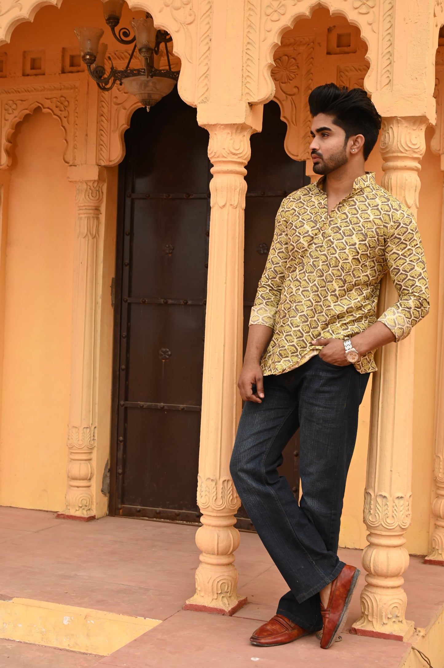 Mustard Block Printed Shirt with Mughal Motifs
