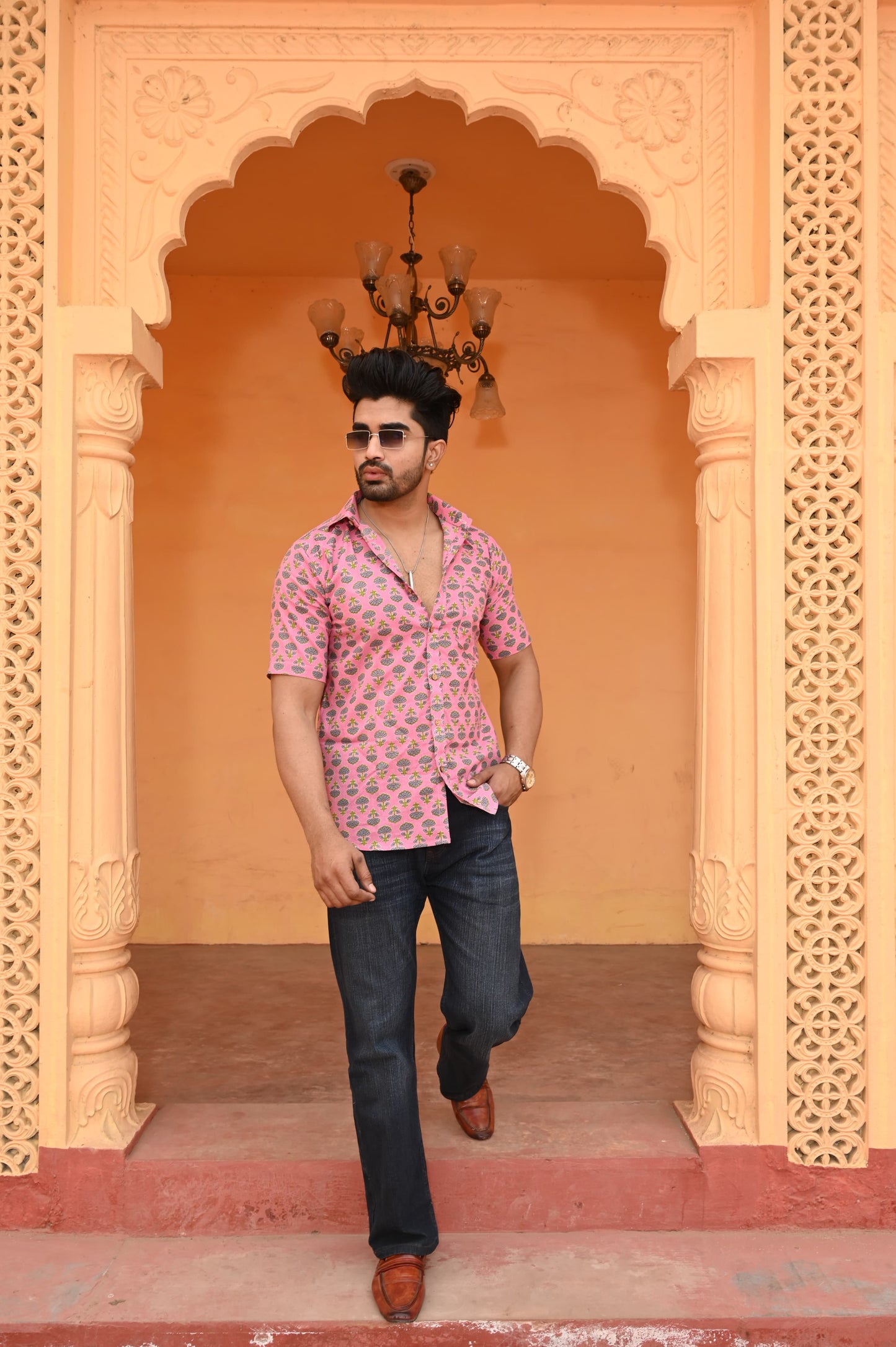 Pink Floral Printed Cotton Shirt for Men